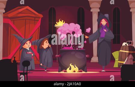 Magic school composition with indoor scenery and female teacher brewing potion with purple smoke and pupils vector illustration Stock Vector