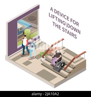 Technology for disabled people isometric composition with person on wheelchair and device for lifting down stairs vector illustration Stock Vector