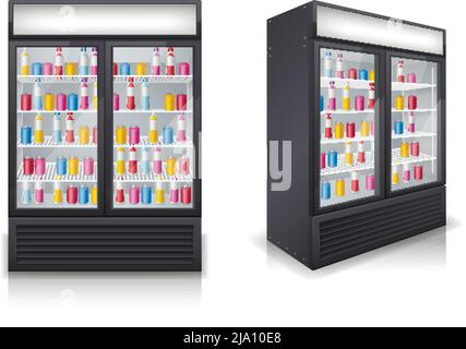 Drinks fridges with 2 display doors filled with colorful refreshments bottles front angular views realistic vector illustration Stock Vector