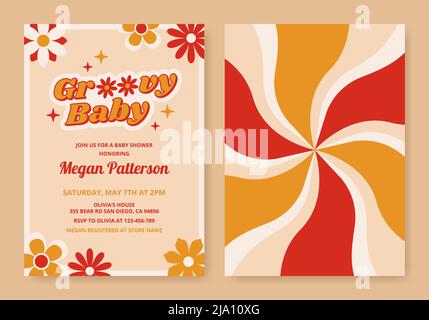 Colorful baby shower invitation card template. Groovy baby flyer in floral retro 70s style. Vector illustration. Stock Vector