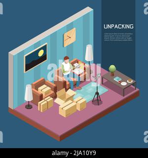 Vlogging isometric composition with man recording video of unpacking cardboard boxes 3d vector illustration Stock Vector