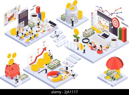 Isometric wealth management concept with abstract room or square islands and stairs about wealth management theme people planning strategy vector illu Stock Vector