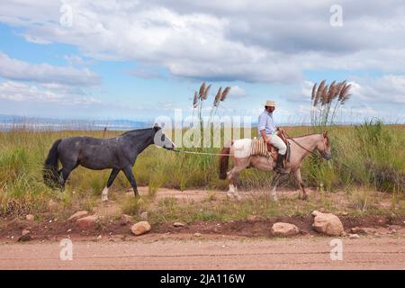 Gaucho on horseback on the road to the 'Altas Cumbres', Cordoba, Argentina. Stock Photo