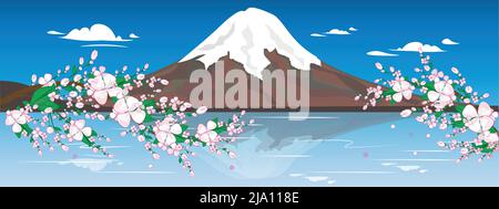 Illustration Fuji Mountain in Japan. Beautiful nature of snowy mountain with sakura blossoms. Japanese romantic place for. Illustration for any design Stock Vector