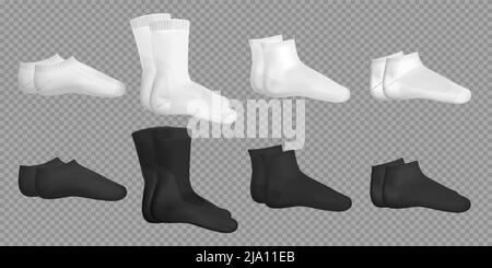 Black and white template examples of different casual socks types realistic set on transparent background isolated vector illustration Stock Vector