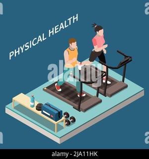 Personal growth self development isometric composition with view of gym running machines with people and text vector illustration Stock Vector