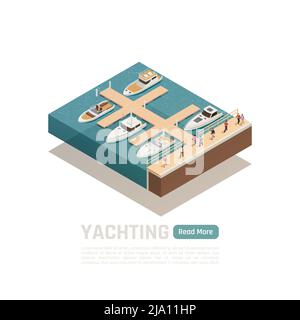 Yachting isometric composition with green read more button and square ...