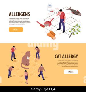 Isometric set of two horizontal banners with people having cat allergy and other allergens 3d isolated vector illustration Stock Vector