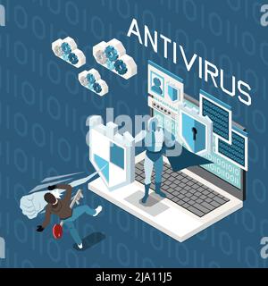 Digital privacy personal data protection isometric composition with character of mailed knight defending laptop from hacker vector illustration Stock Vector