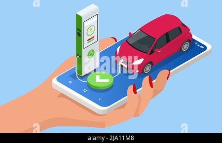 Isometric EV charger station application on mobile. Car charger. Electromobile charging station. Stock Vector