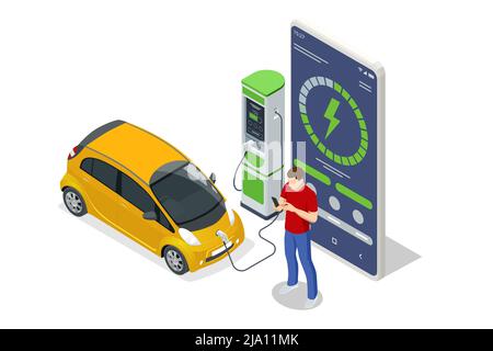 Isometric EV charger station application on mobile. Car charger. Electromobile charging station. Stock Vector