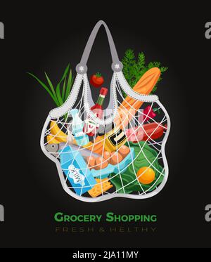 Shopping bag basket composition with editable text and grocery goods inside string bag with flexible net vector illustration Stock Vector
