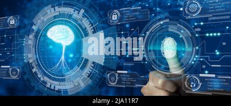 Protect intellectual property with Biometric security. Converging technology with glowing human brain hologram. Intellectual property protection. Stock Photo