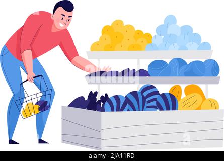 Supermarket composition with flat male character looking at shelves with fresh fruits vector illustration Stock Vector