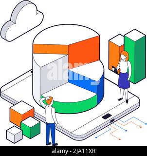 Colored big data science analysis isometric two people analyze the work of a smartphone vector illustration Stock Vector