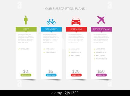 Pricing table light template with four options product subscription types with list of features and price - free, standard and premium and professiona Stock Vector