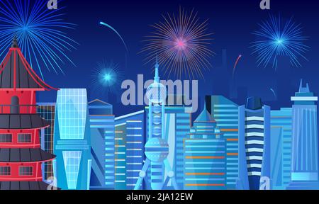 Colorful fireworks in night sky above city on chinese new year day flat vector illustration Stock Vector