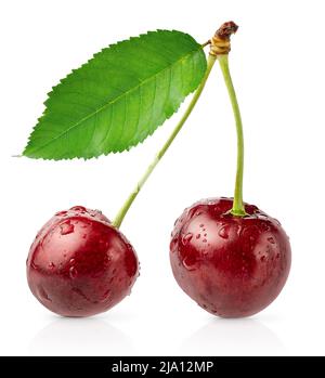 Two cherries and green leaf with clipping path, isolated. Stock Photo