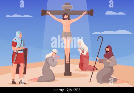Jesus christ crucified on cross and people on their knees around him flat vector illustration Stock Vector