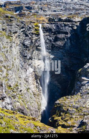 Waterfall in the Lovatnet lake valley. Olden, Norway Stock Photo