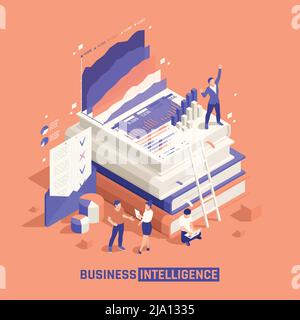 Business intelligence isometric composition with team of creative young people little characters near stack of big scientific books vector illustratio Stock Vector