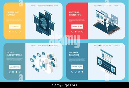 Digital privacy personal data protection set of four horizontal banners with isometric icons and page buttons vector illustration Stock Vector