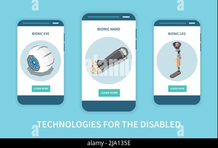 Technology for disabled people isometric set of three vertical banners with prosthetic limbs images and buttons vector illustration Stock Vector