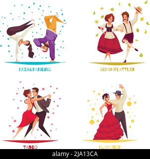 International dance day 2x2 design concept set of breakdancing flamenco tango flat compositions vector illustration Stock Vector