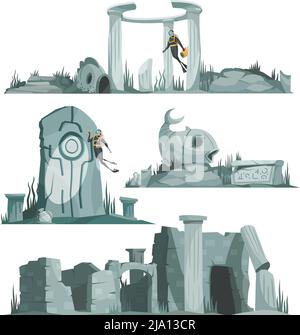 Atlantis ruins isolated compositions set of ancient pavilion rotunda columns arch cartoon vector illustration Stock Vector