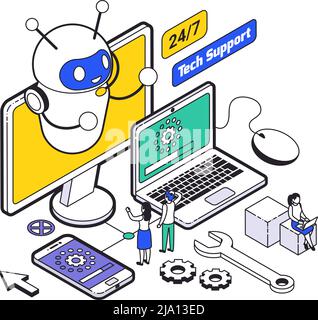 Isometric web hosting and support composition with tech support online for clients vector illustration Stock Vector