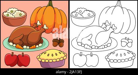 Thanksgiving Feast Coloring Page Illustration Stock Vector