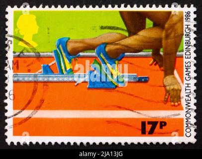 GREAT BRITAIN - CIRCA 1986: a stamp printed in the Great Britain shows Sprinter in the Starting Block, circa 1986 Stock Photo