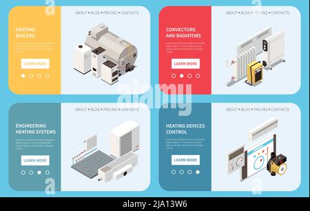 Horizontal banners set with isometric boiler radiator convector and control of heating system devices isolated vector illustration Stock Vector