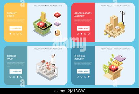 Isometric horizontal banners set with product order its assembly checking delivery and character cooking food 3d isolated vector illustration Stock Vector