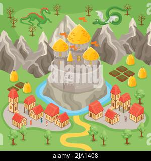 Fantasy medieval city landscape and dragons flying above castle and rocks isometric vector illustration Stock Vector