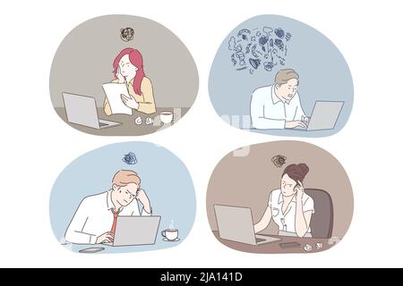Online work, thinking during work with laptop in office concept. Young business people office workers or managers sitting in office and thinking about presentations or analytics work on laptops  Stock Vector
