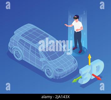 Car designer profession isometric with 3d model and vr symbols vector illustration Stock Vector