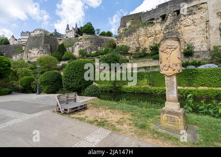 Luxembourg city, May 2022. Panoramic view of the Grund quarter in the city center Stock Photo