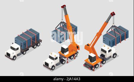 Modular frame building isometric composition with set of trucks with pillar cranes and box tanks loading vector illustration Stock Vector