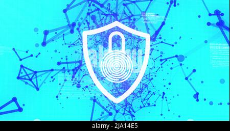 Image of digital shield with padlock over blue background with connections Stock Photo