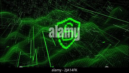 Image of digital shield with padlock over black background with green lines Stock Photo
