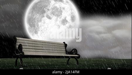 Image of bench over rain and full moon with clouds on sky in background Stock Photo