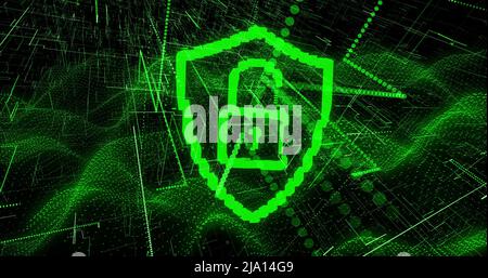 Image of digital shield with padlock over black background with green lines Stock Photo