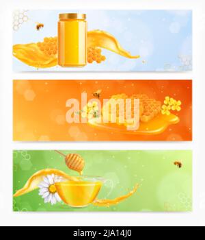 Honey set of three horizontal banners with realistic images of dishes flowers and combs with bees vector illustration Stock Vector