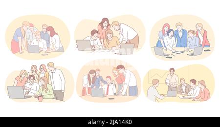 Teamwork, brainstorming, business cooperation, collaboration, successful project concept. Young people office workers discussing projects and working together on startups in business teams  Stock Vector