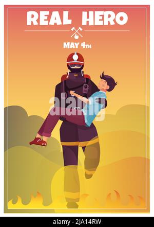 Flat card dedicated to international firefighters day with title real hero and date of holiday flat vector illustration Stock Vector