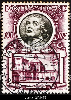 VATICAN - CIRCA 1953: a stamp printed in the Vatican shows Pope Pius VI and the Sacristy, circa 1953 Stock Photo