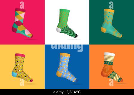 Realistic design concept set of six multicolored socks for woman on different square color backgrounds vector illustration Stock Vector