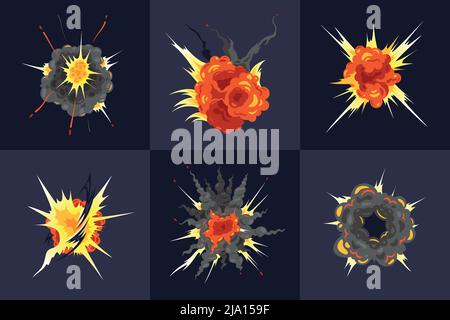 Bomb explosions concept design with 6 spectacular debris fire bang clouds images against dark background vector illustration Stock Vector