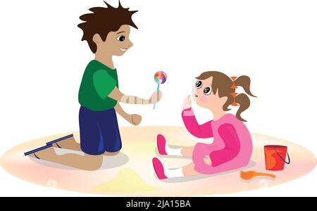 Children's day illustration. A little cute girl sits and cries, but a kind little boy brought her candy to comfort the little girl Stock Vector